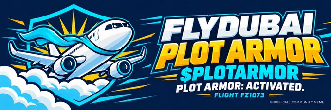 A graphic featuring 'FLYDUBAI PLOT ARMOR' text with a stylized airplane in a shield, noting 'PLOT ARMOR: ACTIVATED. FLIGHT FZ1073'.