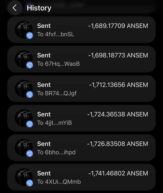 A transaction history screen displays multiple "Sent" entries from the same wallet, each distributing varying amounts of ANSEM tokens to different recipient addresses (e.g., -1,689.17709 ANSEM, -1,698.18773 ANSEM, -1,712.13656 ANSEM). This visually supports the claim that the $Ansem wallet is airdropping tokens to numerous different wallets.