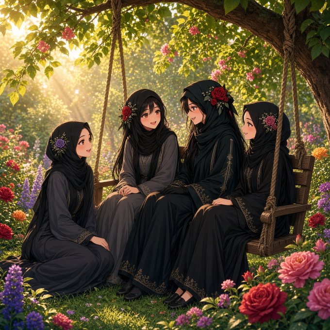 An anime-style illustration of four women in black hijab adorned with roses, sitting on a wooden swing surrounded by vibrant flowers under sunlit trees.