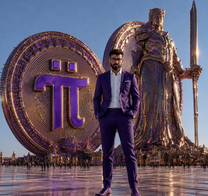 A well-dressed man in a purple suit stands confidently in front of an elaborate golden structure featuring a large "π" (Pi) symbol and an ornate knight statue holding a sword, fittingly introducing "The Pi Era Begins." The pi cryptocurrency logo and regal imagery symbolize the project's launch, with the man's stylish appearance serving as a face for this new digital currency era.