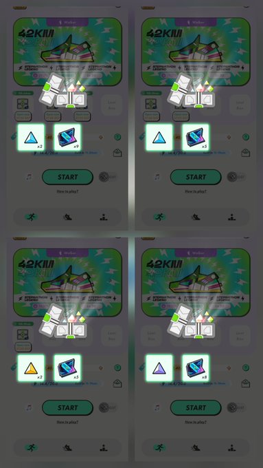 The image displays four screenshots of a mobile game interface showing a "Rainbow Capsule" event with a 42K!!! reward, each featuring a level 3 mystery box requiring a triangular boost and shoe item (x2-x6) to start, with a walk prompt indicating "How to play?"—directly corresponding to the post's strategy of opening 12 Level 3 boxes with boosts to earn 83 tickets during an 84-minute walk.