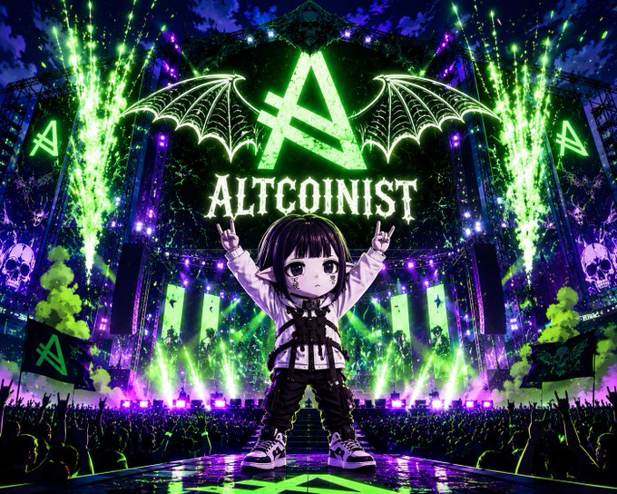 A vibrant concert-style promotional graphic features an anime-style chibi character with bat wings making rock hand gestures in front of a stage with a crowd, displaying the logo and text "ALTCOINIST" in glowing green.