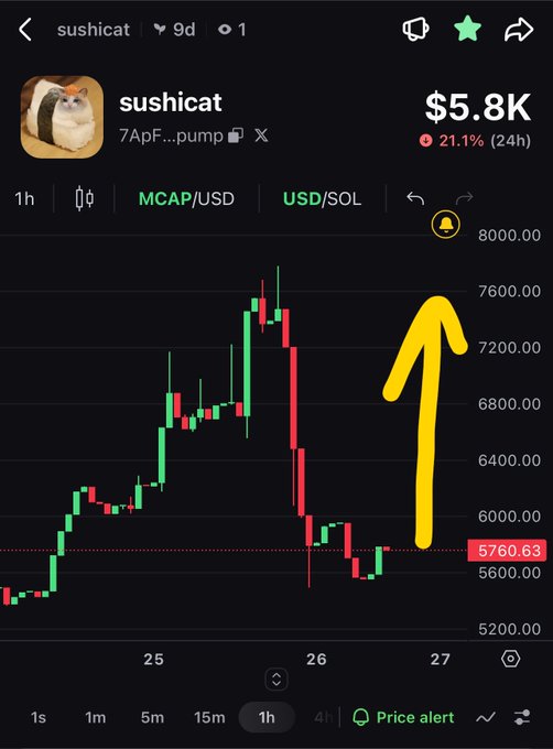 A crypto price chart for the token 'sushicat' (MCAP $5.8K), showing a sharp drop and a hand-drawn yellow upward arrow suggesting a price recovery.