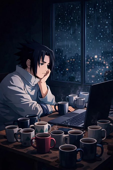An anime-style illustration depicts a young man with dark spiky hair sitting at a desk at night, surrounded by numerous coffee mugs while working on a laptop with a rainy cityscape visible through the window behind him.
