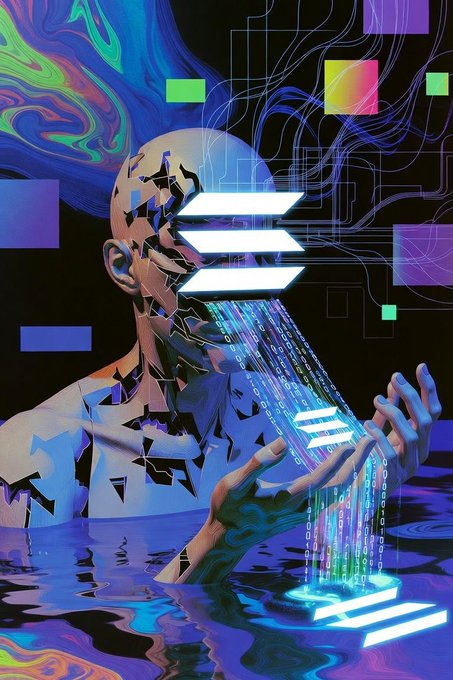 A digital illustration of a fragmented human figure breaking apart and dissolving into glowing digital streams and floating geometric shapes.