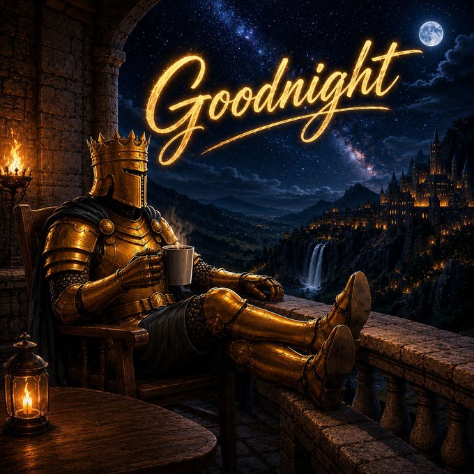 The image features a knight sitting on a bench, holding a cup of coffee while wearing his armor. The background shows a castle at night with a full moon visible above. The caption for this image reads "Goodnight Legends".