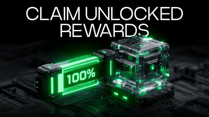 This image visually represents "CLAIM UNLOCKED REWARDS" with a power bar displaying "100%" connecting to a futuristic, glowing cube, perfectly aligning with the post's call to action about checking and claiming milestone points.