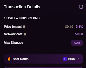 A transaction details screen showing a conversion rate of '1 USDT = 0.001339 BNB', with a price impact of '-$0.10, -0.1 %', network cost of '$0.08', 'Auto' max slippage, and a 'Best Route' set to 'Relay'.