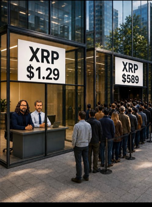 AI-generated image showing two storefronts labeled 'XRP $1.29' and 'XRP $589' with long queues of people waiting, satirizing dramatic XRP price predictions.