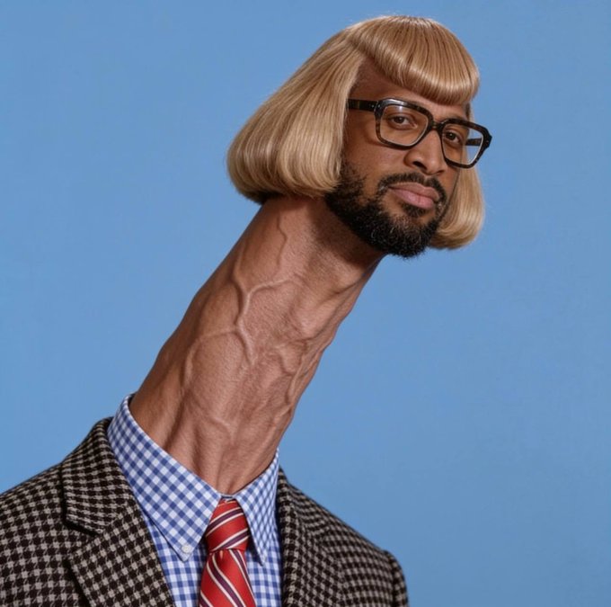 A surreal AI-generated portrait of a man with an elongated neck, wearing a blonde bob wig, black-rimmed glasses, and a houndstooth blazer with a striped tie against a blue background.