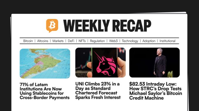 The image is a screenshot of a news website called "Weekly Recap" that contains three articles about cryptocurrency, specifically focusing on the cryptocurrency market in Uruguay, UNI's recent performance, and a person holding an item (an unicorn) with the words "UNI Climbs 23% in a Week". The article titles are as follows: 
1. Uni Climbs 23% in a Week: Uruguay's Growing Cryptocurrency Market (Weekly Recap)