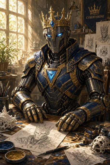 Detailed digital artwork of a regal cyborg or robotic figure in ornate blue and gold armor wearing a crown, sitting at a desk covered in design sketches, with the text 'CYBERTHRONE' visible in the background.