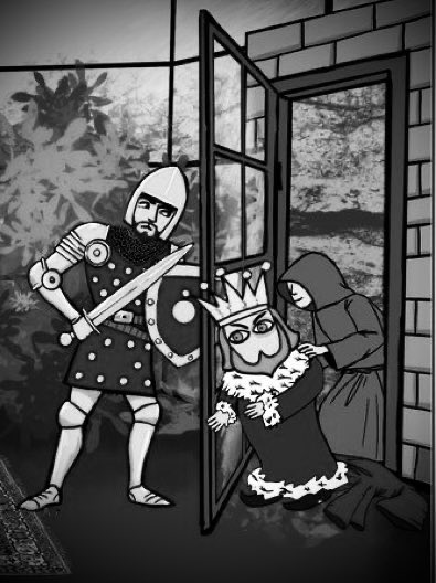 A knight in armor wielding a sword and shield guards an open doorway, while a hooded figure pushes a masked, crown-wearing puppet through the entrance into a room with brick walls.