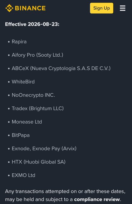 A Binance announcement dated effective 2026-08-23 lists 11 crypto platforms—including Rapira, Aifory Pro (Sooty Ltd.), ABCeX (Nueva Cryptologia S.A.S DE C.V.), WhiteBird, NoOnecrypto INC., Tradex (Brightum LLC), Monease Ltd, BitPapa, Exnode/Exnode Pay (Arvix), HTX (Huobi Global SA), and EXMO Ltd—that will have transactions held and subject to compliance review, corroborating the post's claim that Binance is halting processing for these 11 platforms starting August 23.