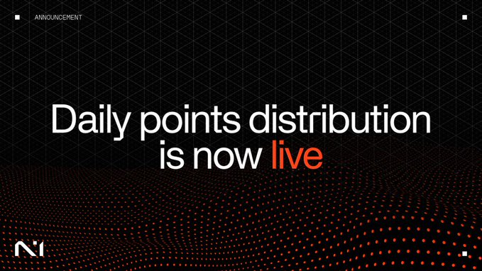 An announcement graphic with a dark dotted background stating "Daily points distribution is now live" in white and red text, with an "ANNOUNCEMENT" label at the top.