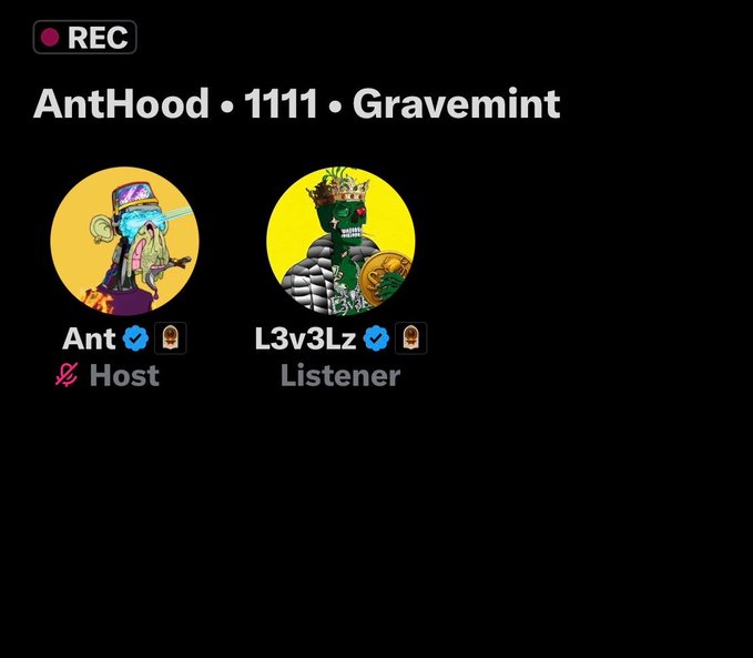 A black screen recording interface labeled 'REC' shows a podcast titled 'AntHood • 1111 • Gravemint' with two participants: 'Ant' as the Host and 'L3v3Lz' as the Listener, featuring cartoon character avatars.