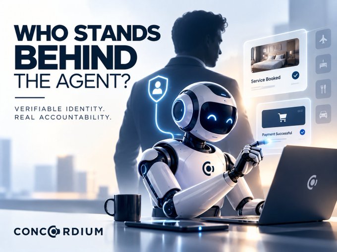 A digital advertisement for 'CONCORDIUM' asking 'WHO STANDS BEHIND THE AGENT?' with the tagline 'VERIFIABLE IDENTITY. REAL ACCOUNTABILITY.' featuring a robot assistant.