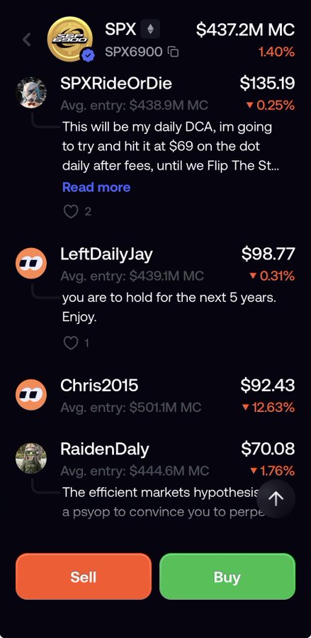 A crypto trading app displays SPX6900 ($SPX) priced at $437.2M MC with 1.40% gain, alongside user comments from "SPXRideOrDie," "LeftDailyJay," "Chris2015," and "RaidenDaly" discussing their DCA strategies and average entry points. The image illustrates how users are creatively using a meme coin trading app to execute dollar-cost averaging strategies and long-term holds rather than active trading.