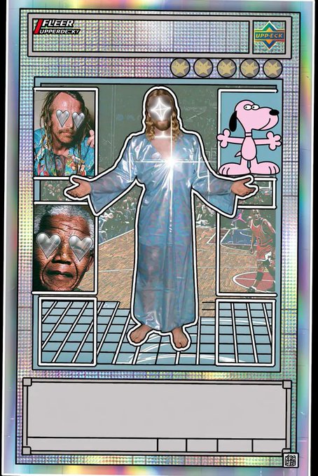 A holographic trading card design features a central figure in a robe surrounded by four inset images including Richard Cheese, a pink cartoon dog, Bill Russell, and Michael Jordan, with "1 FLEER UPPER DECK '87" and "UPPER D ECH" logos at the top. The blank text boxes at the bottom and dynamic visual style reflect the post's description of RIPMASTER 3030 STUDIOS' living deck for SuperRare's Liquid Editions, where live token activity reshapes the cards.