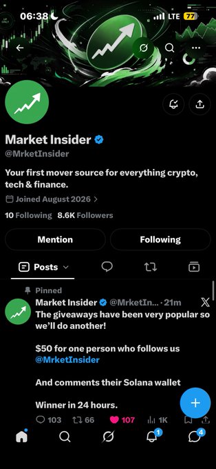 A screenshot of an X (Twitter) profile for "Market Insider" (@MrketInsider) advertising a crypto giveaway of $50 for commenting with a Solana wallet address.