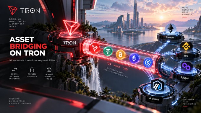 A promotional graphic for "TRON" blockchain, titled "ASSET BRIDGING ON TRON" and "Move assets. Unlock more possibilities.", showing connections to Ethereum, BSC, Polygon, and Arbitrum over a futuristic city landscape.