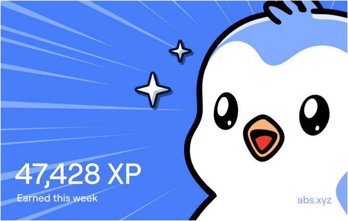 An abstract logo with a cute white bird on a blue starry background showing 47,428 XP earned this week, with abs.xyz branding.
