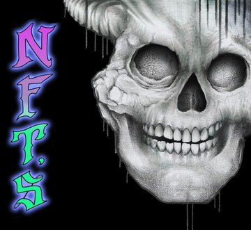 The image features a black background with a skull drawn on it, which has been altered by neon paint splatters. The text "NFT" is written above the skull, while the word "tezostuesday" appears below it. The image also contains some text that reads "Eternal life" and "#tezostuesday".