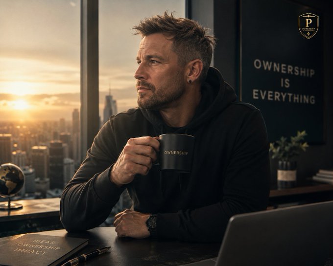 A man in a black hoodie gazes thoughtfully out a window at a city skyline at sunset, holding a black mug labeled 'OWNERSHIP' in an office with a poster reading 'OWNERSHIP IS EVERYTHING.'