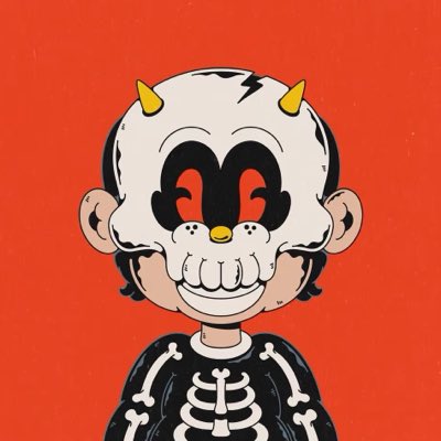 A cartoon character with a red devilish face, yellow horns, and a wide toothy grin wearing a black skeleton costume against a solid red background.