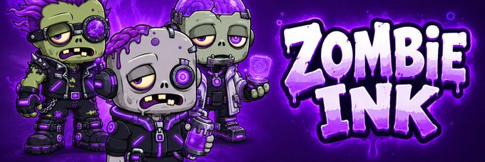 A purple-themed banner features three cartoon zombie characters with neon purple ink, alongside the text 'ZOMBIE INK'.
