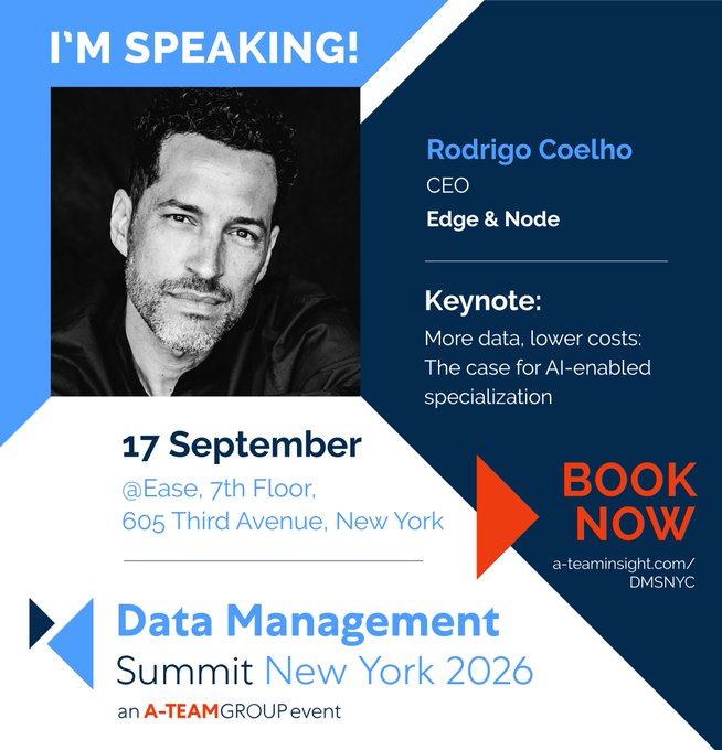Promotional graphic announcing 'I'M SPEAKING!' for Rodrigo Coelho, CEO of Edge & Node, delivering a keynote on 'More data, lower costs: The case for AI-enabled specialization' at the Data Management Summit New York 2026 on 17 September at @Ease, 605 Third Avenue, New York.