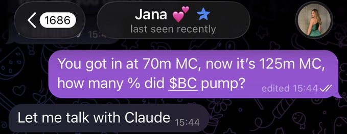 A Telegram chat screenshot showing Jana saying "You got in at 70m MC, now it's 125m MC, how many % did $BC pump?" followed by the user's reply "Let me talk with Claude," poking fun at her inability to do the simple math calculation on the $BC token's price increase.