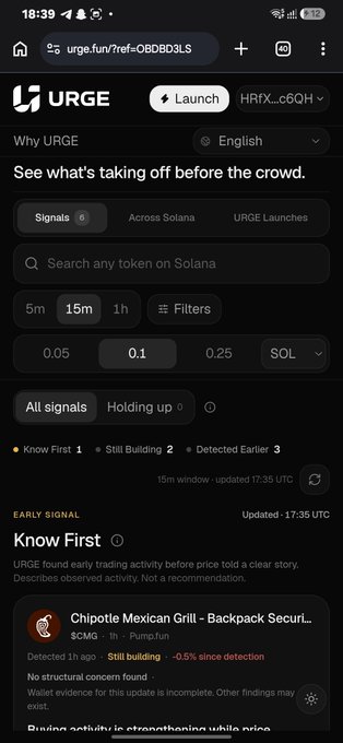 The image shows the URGE app (urge.fun) interface displaying an "EARLY SIGNAL" alert for **Chipotle Mexican Grill - Backpack SecurL..** ($CMG) on Pumpfun, which was detected 1h ago with -0.5% movement since detection and flagged as "Still Building." The screenshot illustrates the post's point by showcasing URGE's Solana token analytics platform, featuring filters for time windows (5m, 15m, 1h) and price ranges (0.05-0.25 SOL) to help users spot emerging tokens based on buyer activity and capital flow.