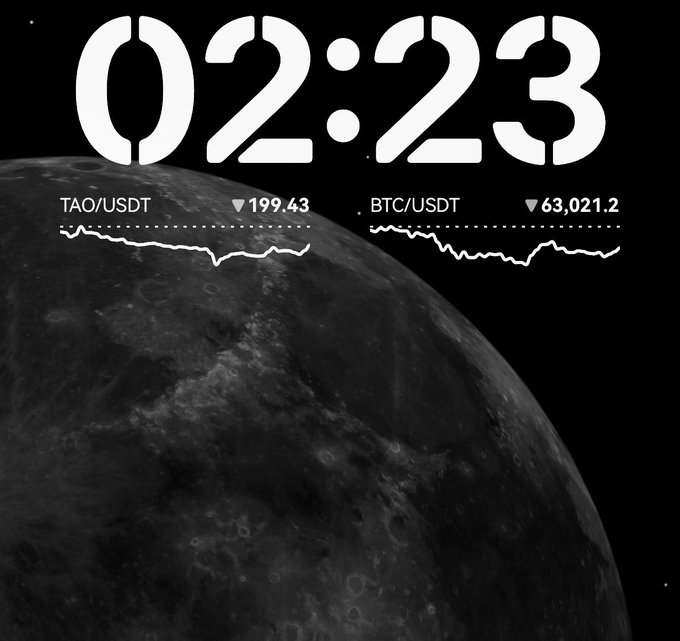 A minimalist black-and-white graphic features a large moon in the background with a digital clock display showing "02:23" overlaid in bold white text. Below, two short-term price charts track TAO/USDT at 199.43 and BTC/USDT at 63,021.2, both showing recent dips—visually reinforcing the post's message that TAO's long-term value lies beyond short-term price movements.