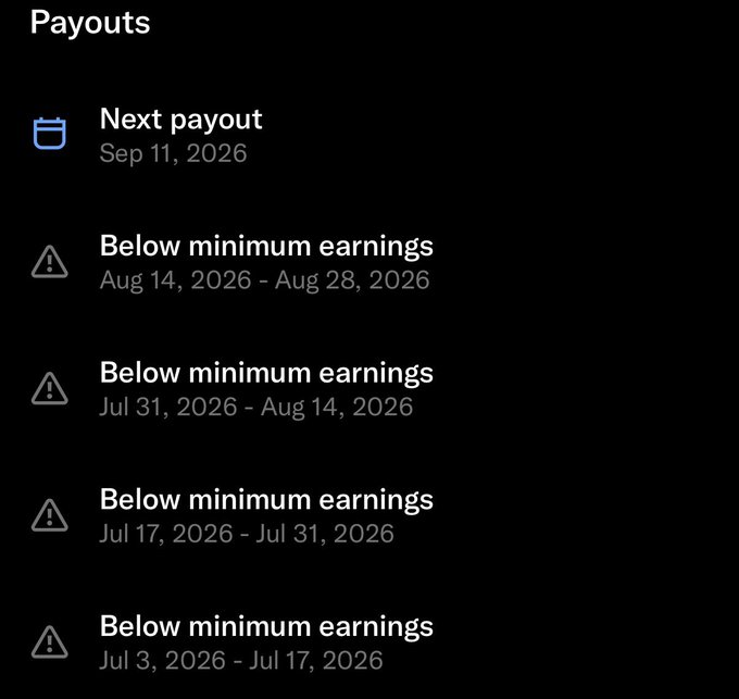 A mobile app payouts screen showing a next payout date of Sep 11, 2026, with four prior periods marked as 'Below minimum earnings' spanning July through August 2026.