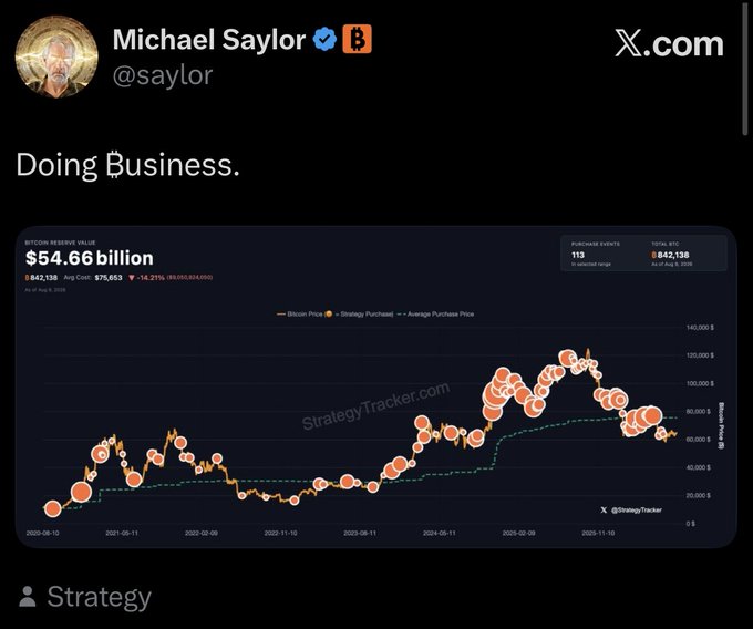 Michael Saylor's tweet simply states "Doing Business," accompanied by a chart from StrategyTracker showing his company's Bitcoin Reserve Value at $54.66 billion, with a total of 642,138 BTC purchased across 113 events at an average cost of $75,653, illustrating his continued aggressive Bitcoin accumulation.