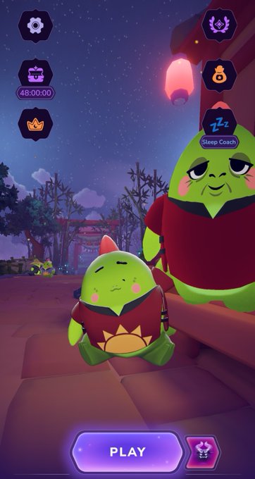 A screenshot from a mobile game featuring two cartoon green characters in red shirts against a starry night sky background, with a 'PLAY' button at the bottom and a 'Sleep Coach' icon.