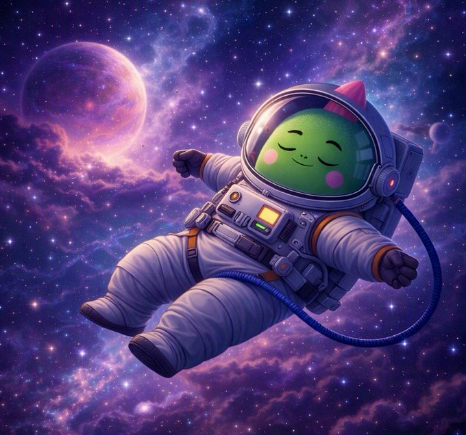 A cute, chibi-style green character in a white astronaut suit floating peacefully in a vibrant purple and pink cosmic space scene featuring a large planet.