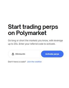 A promotional graphic with the text "Start trading perps on Polymarket," inviting users to go long or short with leverage up to 20x using referral code "00mez1n" to activate perps.