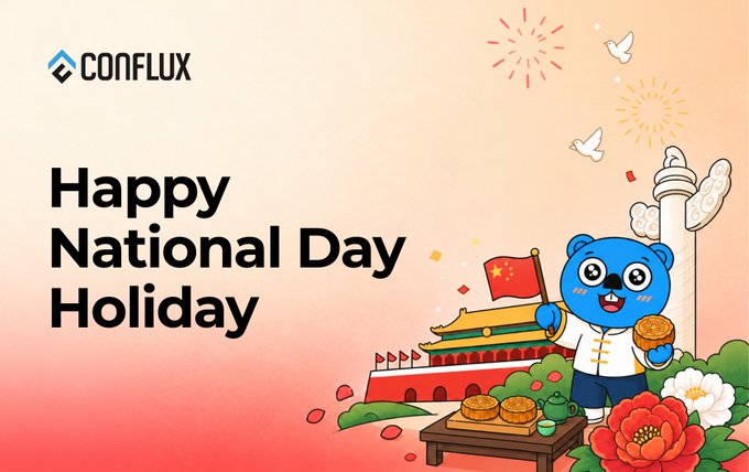 A 'Happy National Day Holiday' greeting card from Conflux featuring a blue bear mascot holding a mooncake near Tiananmen Square and a Chinese flag.