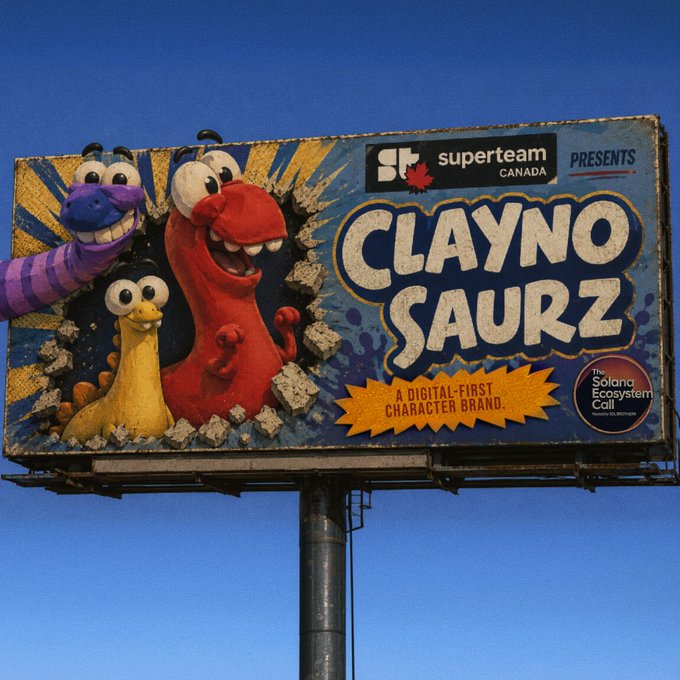 A billboard advertises 'CLAYNO SAURZ' presented by 'superteam CANADA', featuring three colorful clay-like worm/dinosaur characters bursting through a brick wall, described as 'A DIGITAL-FIRST CHARACTER BRAND' associated with 'The Solana Ecosystem'.