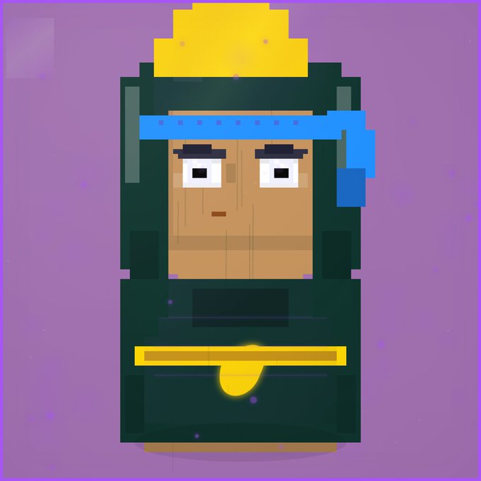 A pixel art character with a yellow hat, blue headband, and dark green hooded robe stands against a purple background.