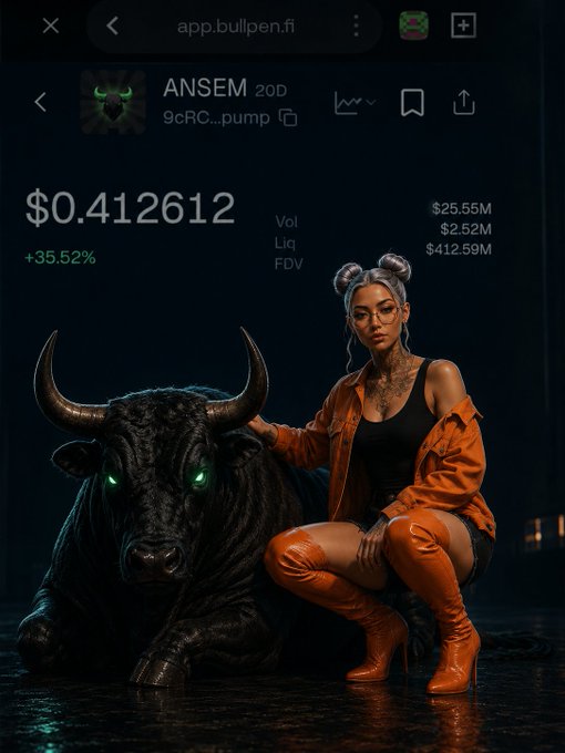 A screenshot of the app.bullpen.fi platform showing the 'ANSEM' token priced at $0.412612, up 35.52%, featuring an illustration of a woman with a glowing-eyed black bull.