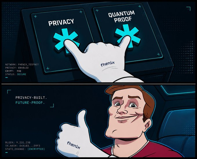 The image features two cartoon characters with their hands raised above their heads, each pointing towards different options - Privacy-built or Quantum Proof. The character on the left has its hand raised high, while the one on the right has its hand down. These illustrations are related to a post that discusses Fhenix and how it can be used for both privacy and quantum resistance purposes.