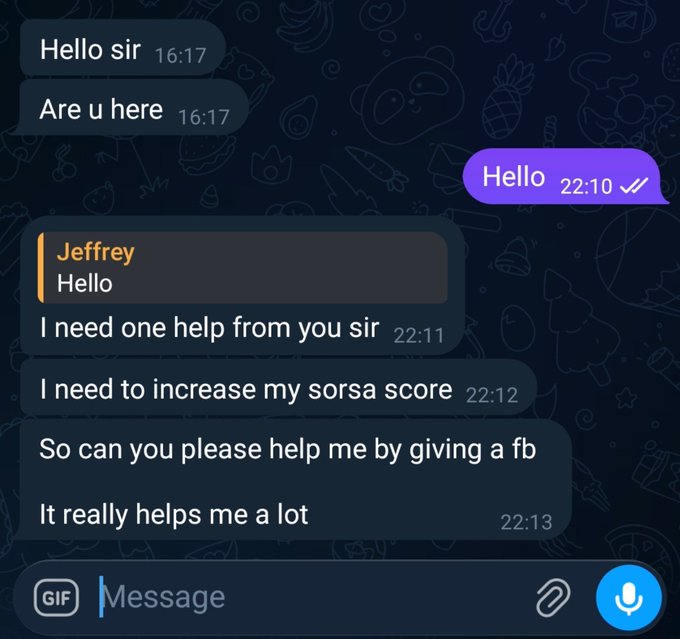 A Telegram chat screenshot showing a user named 'Jeffrey' asking for feedback to increase their Sorsa score, saying 'Hello sir / Are u here' before the recipient replies 'Hello' at 22:10.