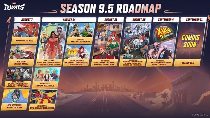A Marvel Rivals Season 9.5 Roadmap showing upcoming events from August 7 through September 11, including hero releases like The Hood and Cyclops (X-Men '97), new costumes, and Kraakoa Reels Vol. 2.