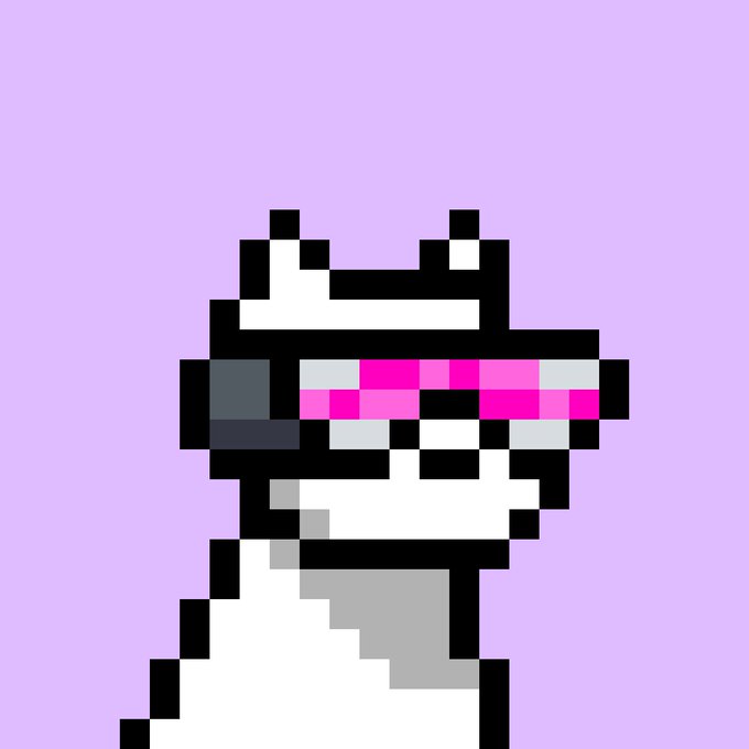 A pixel art image of a white dog wearing pink and gray VR goggles on a lavender background, complementing the post's message about the author proudly identifying as a "Doginal Dog" despite others giving up in the market.