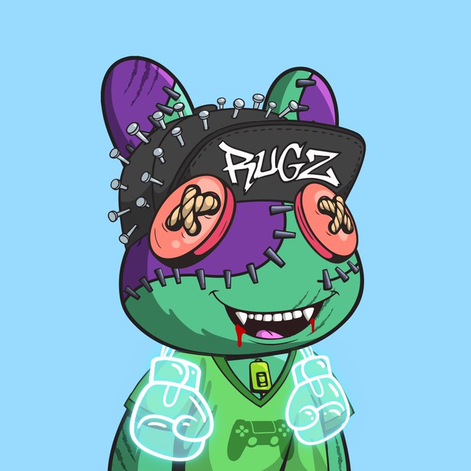 A digital illustration of a green zombie-like cartoon character with stitched-together purple and green patches, wearing a black 'RUGZ' cap, with glowing cyan outline fists raised.