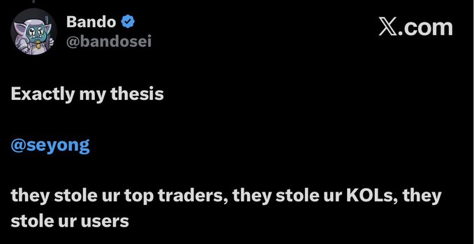 A screenshot of a tweet from Bando (@bandosei) reading "Exactly my thesis," quoting @seyong who wrote "they stole ur top traders, they stole ur KOLs, they stole ur users." The post references accusations against pumpfun regarding $PUMP airdrop and stealing top traders, KOLs, and users from other platforms, aligning with the quoted tweet's theme of competitor poaching.