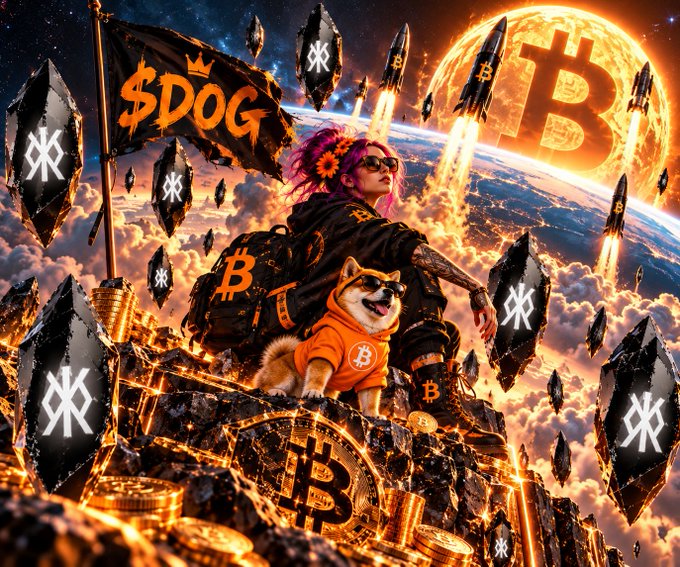A vibrant crypto-themed illustration featuring '$DOG' flag, Bitcoin logos, and a doge character in sunglasses sitting on a throne surrounded by cryptocurrency symbols and rockets.